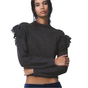 Zara Lace Ruffle Shoulder Knit Sweater | Dark Grey | Romantic Chic | Size M